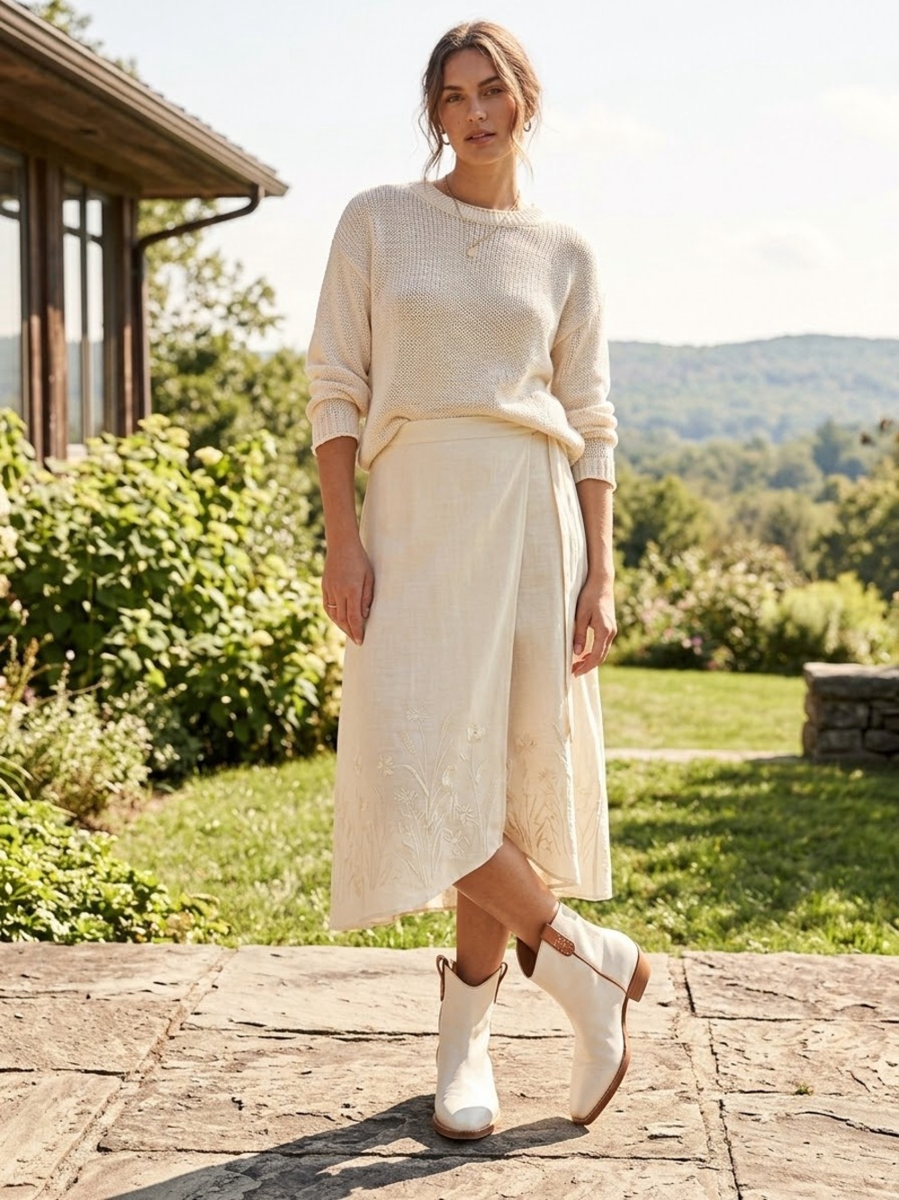 We The Free Cream Leather Western Ankle Boots with Tan Trim - Picture 2 of 14